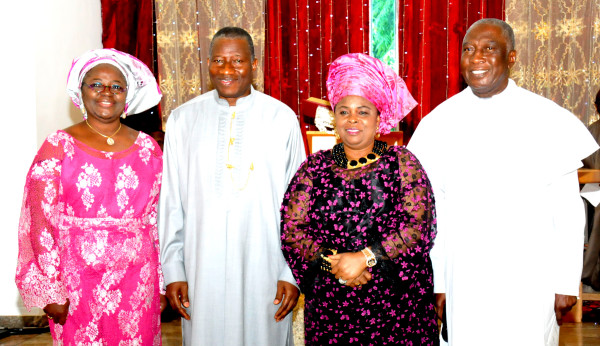 PIC 5. FROM LEFT: WIFE OF THE CHAPLAIN, ASO VILLA CHAPEL, MRS MARTHA ONWUZURUMBA;  PRESIDENT GOODLUCK JONATHAN;  FIRST LADY, DAME PATIENCE JONATHAN AND CHAPLAIN, VEN OBIOMA ONWUZURUMBA AT A  SPECIAL THANKSGIVING CHURCH SERVICE  FOR THE FIRST FAMILY AT THE ASO VILLA CHAPEL, ABUJA ON SUNDAY (17/5/15) 2628/17/5/2015/ICE/HF/NAN